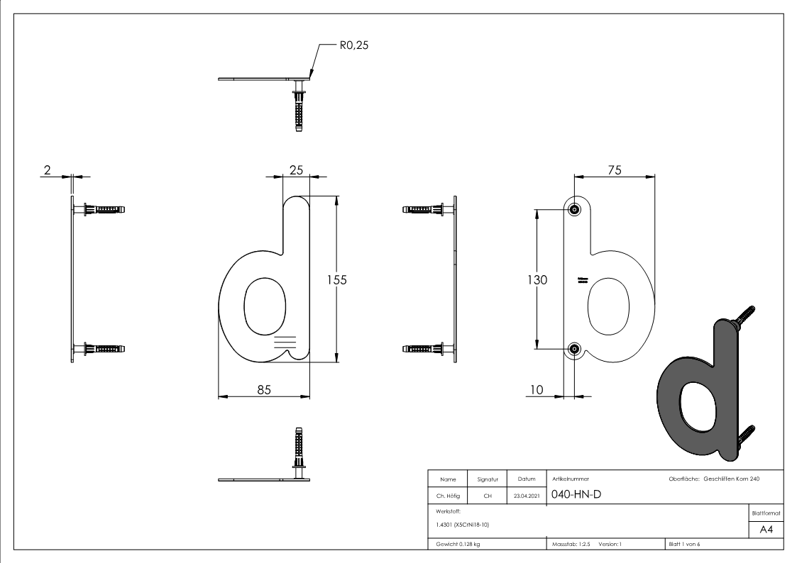 Buchstabe d - klein - Masse- 110 mm x 155 mm - V2A-11-8063.4