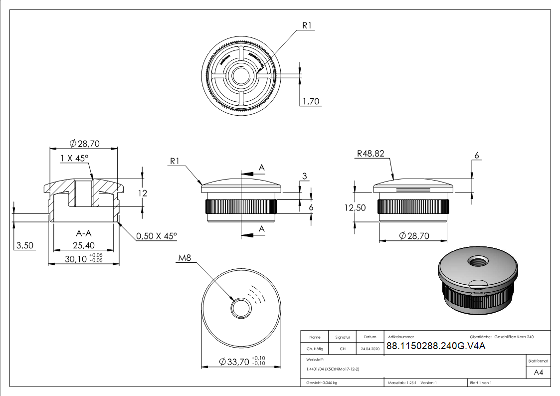 Bouchon, pour tuyau 33,7 x 2,0mm, V4A