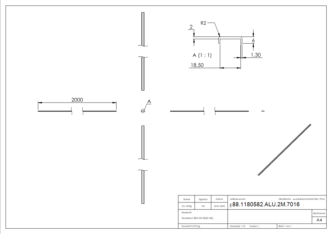 Kantenschutz EXTRA SLIM- fuer Glas 16-00 - 17-52mm- L=2m- Aluminium RAL 7016-88-1180582-ALU-2M.7016