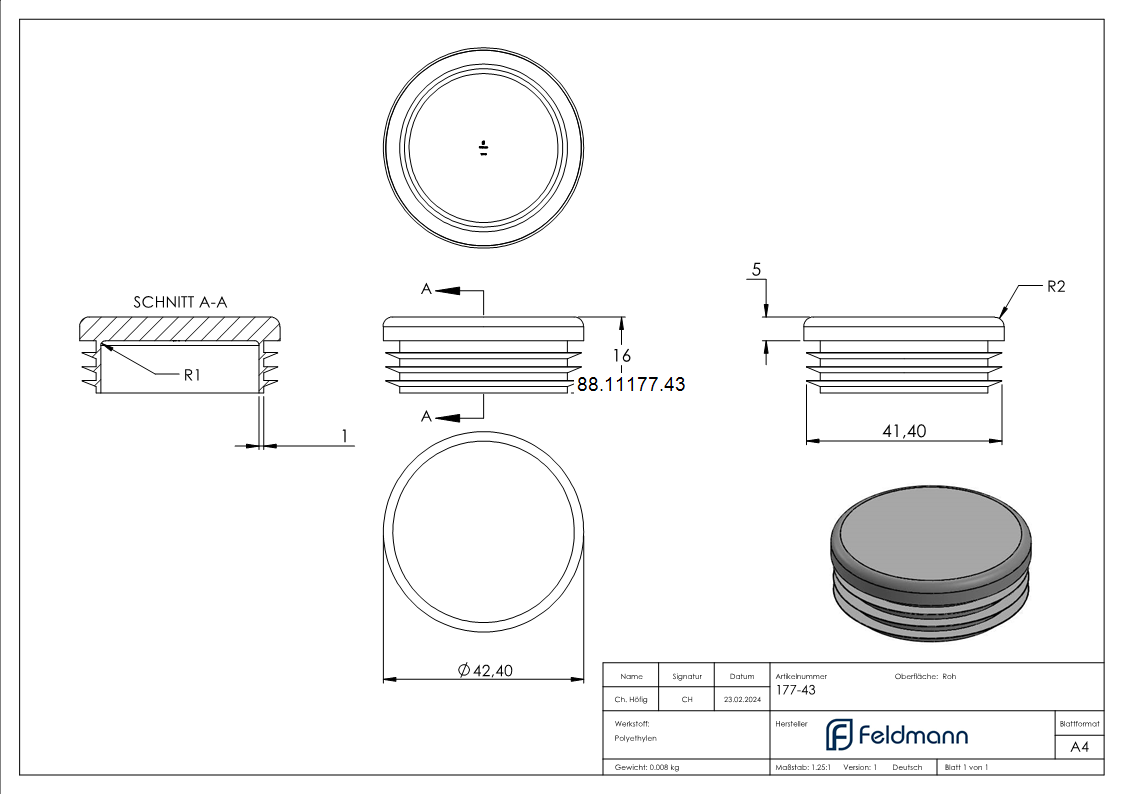 Capuchon en plastique pour tube rond 42.4mm