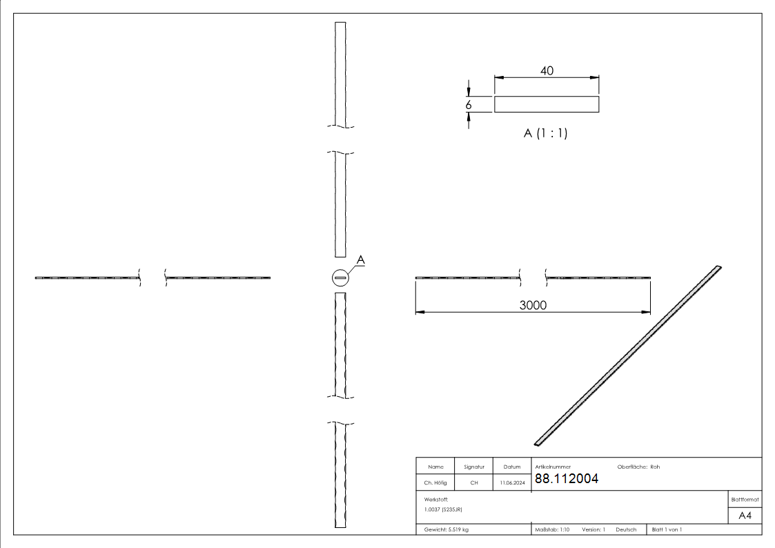 Flacheisen 40x6 mm Kanten gehaemmert 3000mm Schmiedeeisen Antik-88.112004