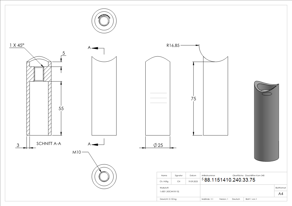 Entretoise pour tube 33,7mm, longueur 75mm, V2A