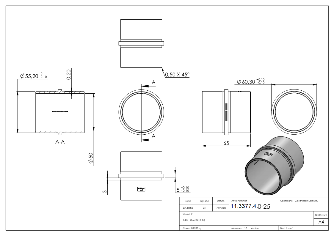 Verbinder fuer Rundrohr - Masse- Ø 60-3x2-5 mm - V2A-11-3377.4
