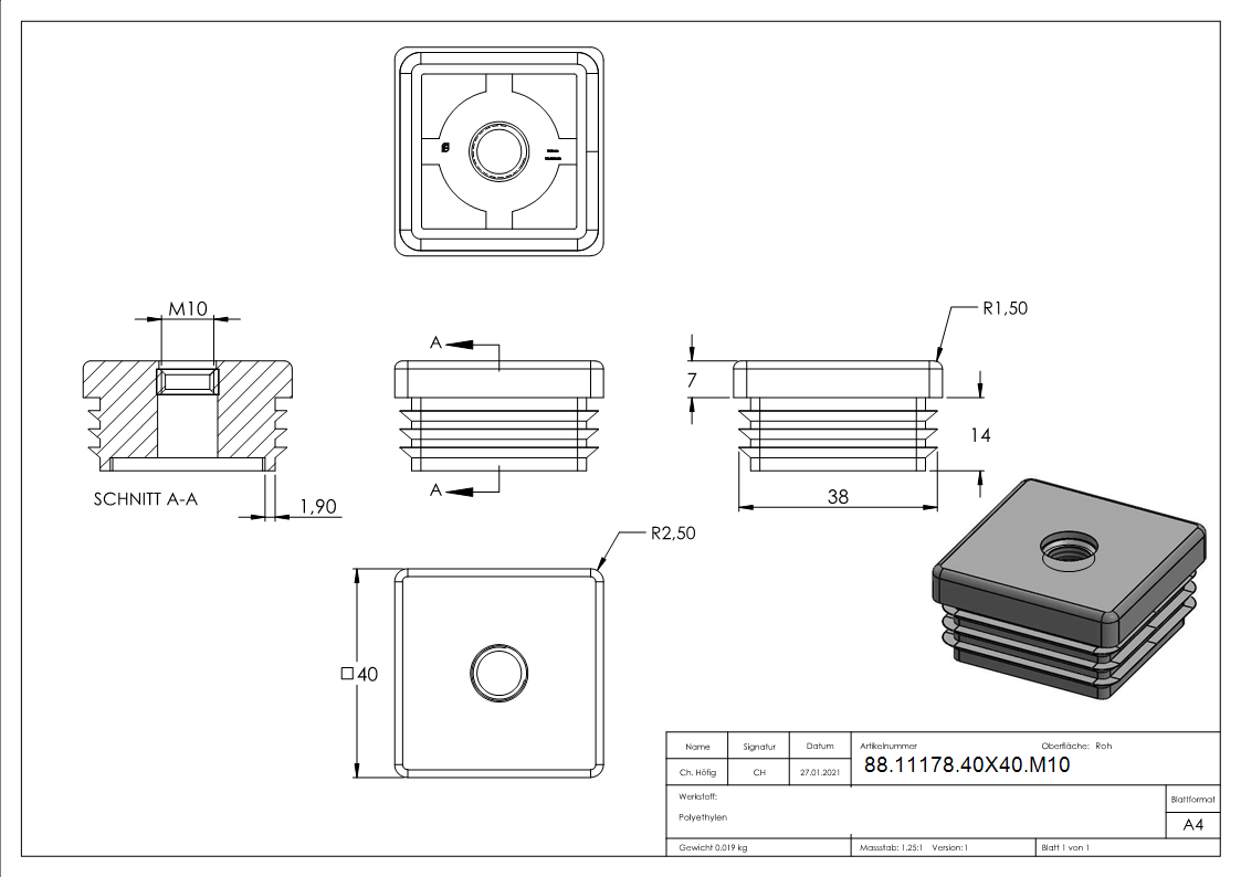 Kunststoffkappe fuer Quadratrohr 40x40mm mit M10-88-11178-40X40.M10