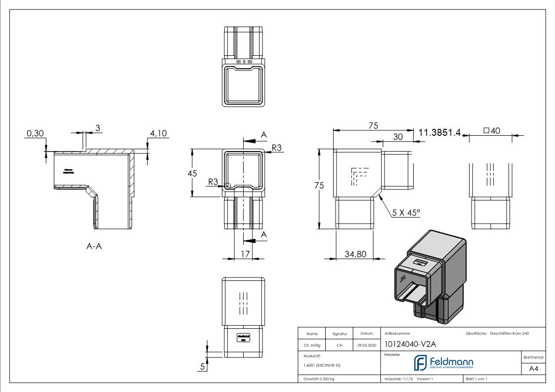 Steckverbinder V2A fuer Rohr 40 x 40 x 2 mm 90°-11-3851.4