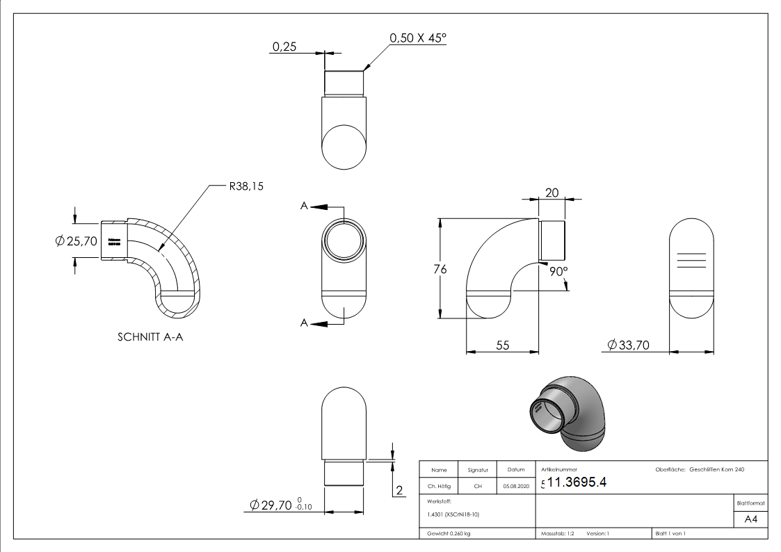 Embout 90° semi-circulaire, pour tube rond Ø 33.7x2.0 mm V2A