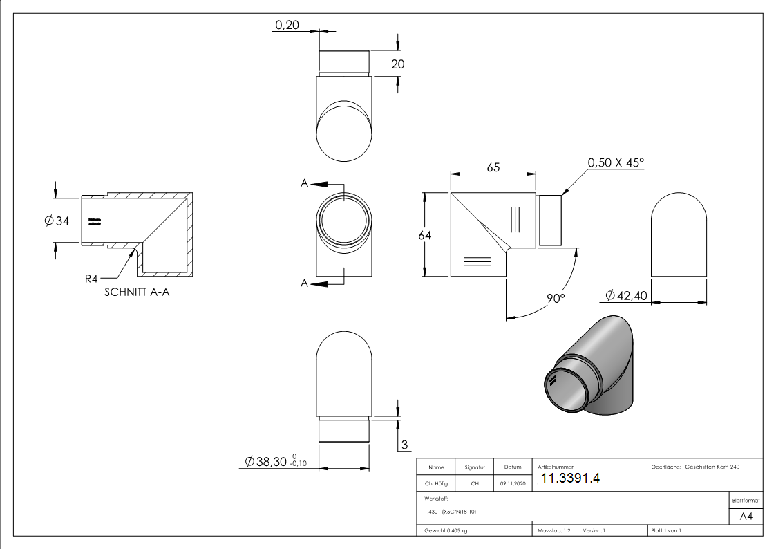 Embout 90° à angle plat, pour tube rond Ø 42.4x2.0 mm V2A