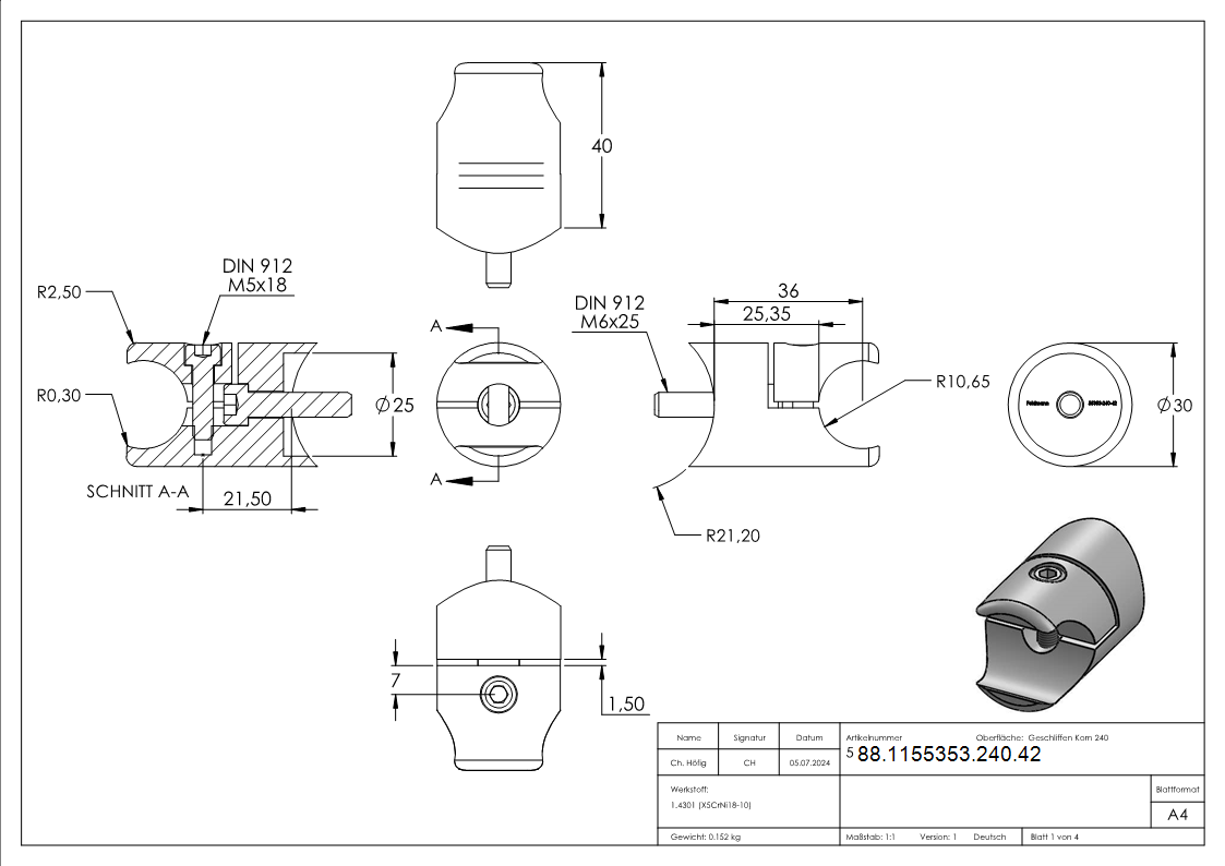 Halter fuer rundes Klemmprofil 21-3mm Anschluss- 42-4mm- V2A-88-1155353-240.42