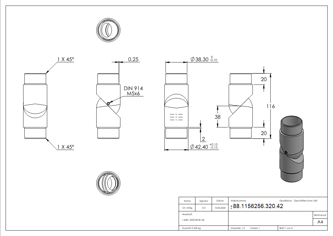 Pièce de jonction, pour tube 42.4 x 2.0mm