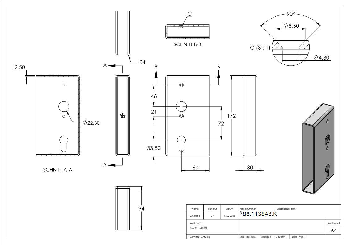 Schlosskasten Stahl 30 x 94-5 x 173 mm roh-88-113843.K