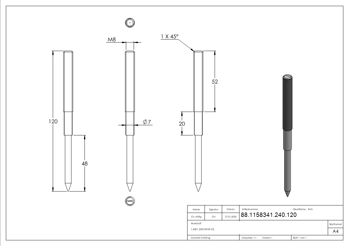 Stockschraube M8 x 120mm- A2-88-1158341-240.120