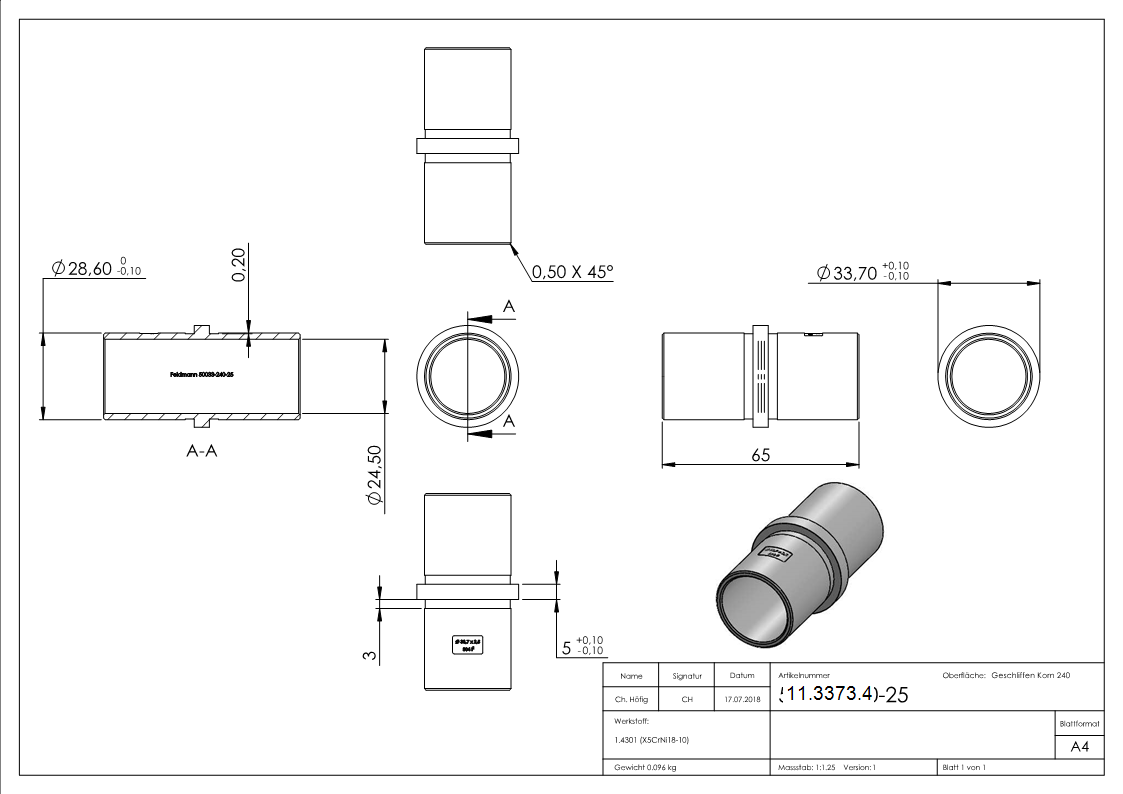 Connecteur pour tube rond | Dimensions : Ø 33.7x2.6 mm | V2A