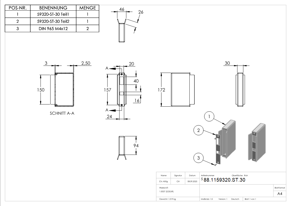 Gegenkasten Stahl roh Breite 30 mm fuer Schiebetore zum Einschweissen-88-1159320-ST.30