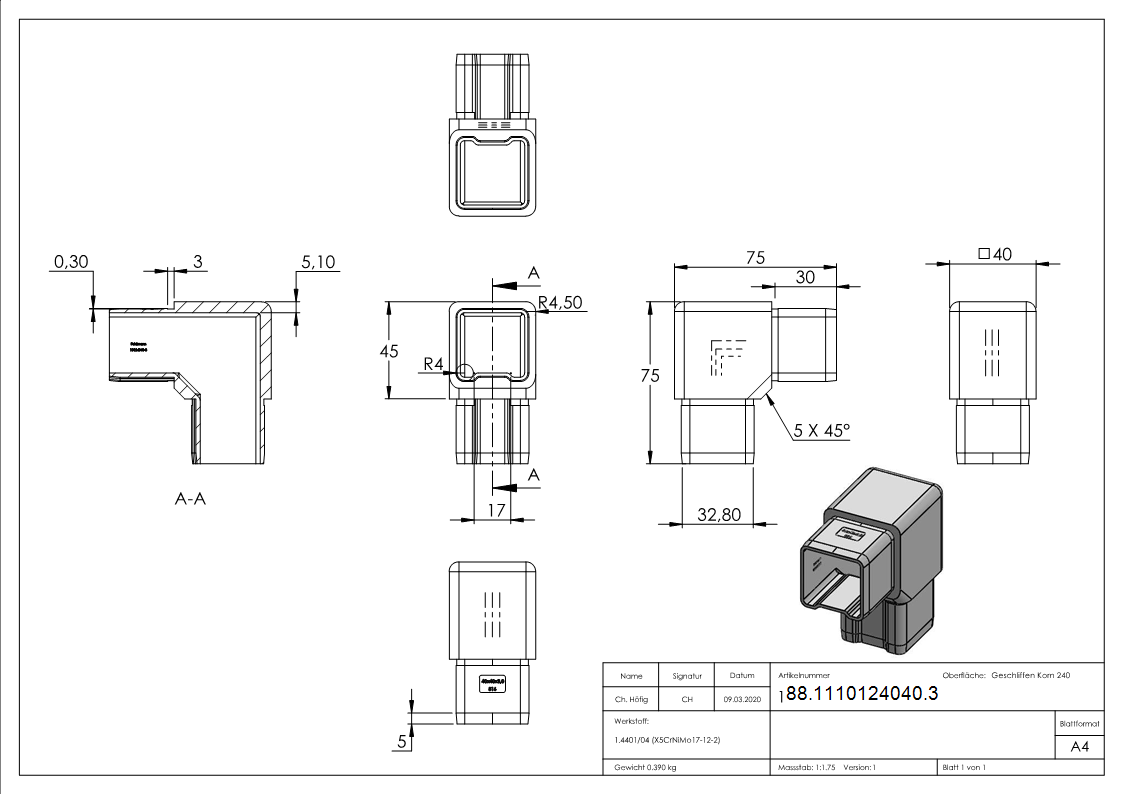 Connecteur 90° pour tube 40x40x3mm, V4A