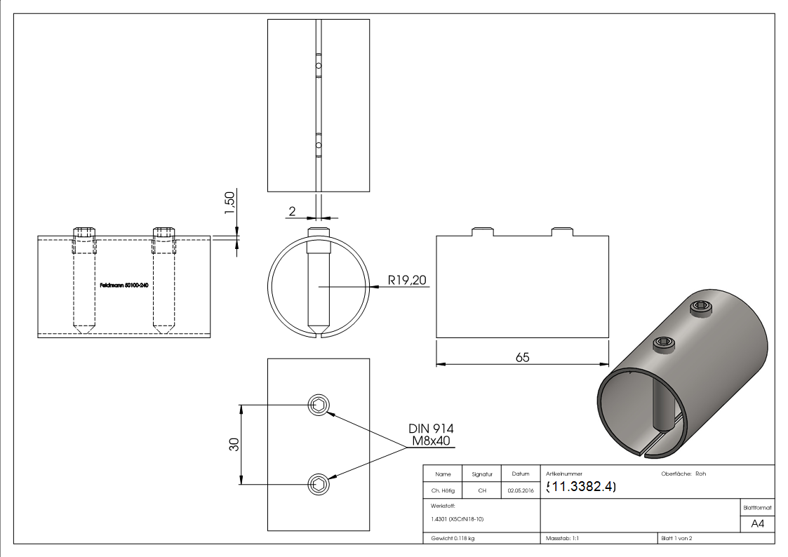 Rohrverbinder V2A 42-4x2-0 mm Rohr- L 65 mm mit Klemmschrauben-11-3382.4