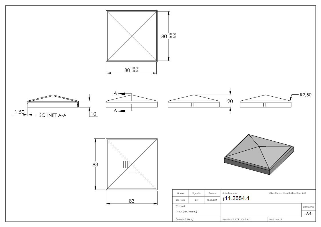 Pfostenkappe Edelstahl fuer Vierkantrohr- 80x80 mm geschliffen V2A-11-2554.4