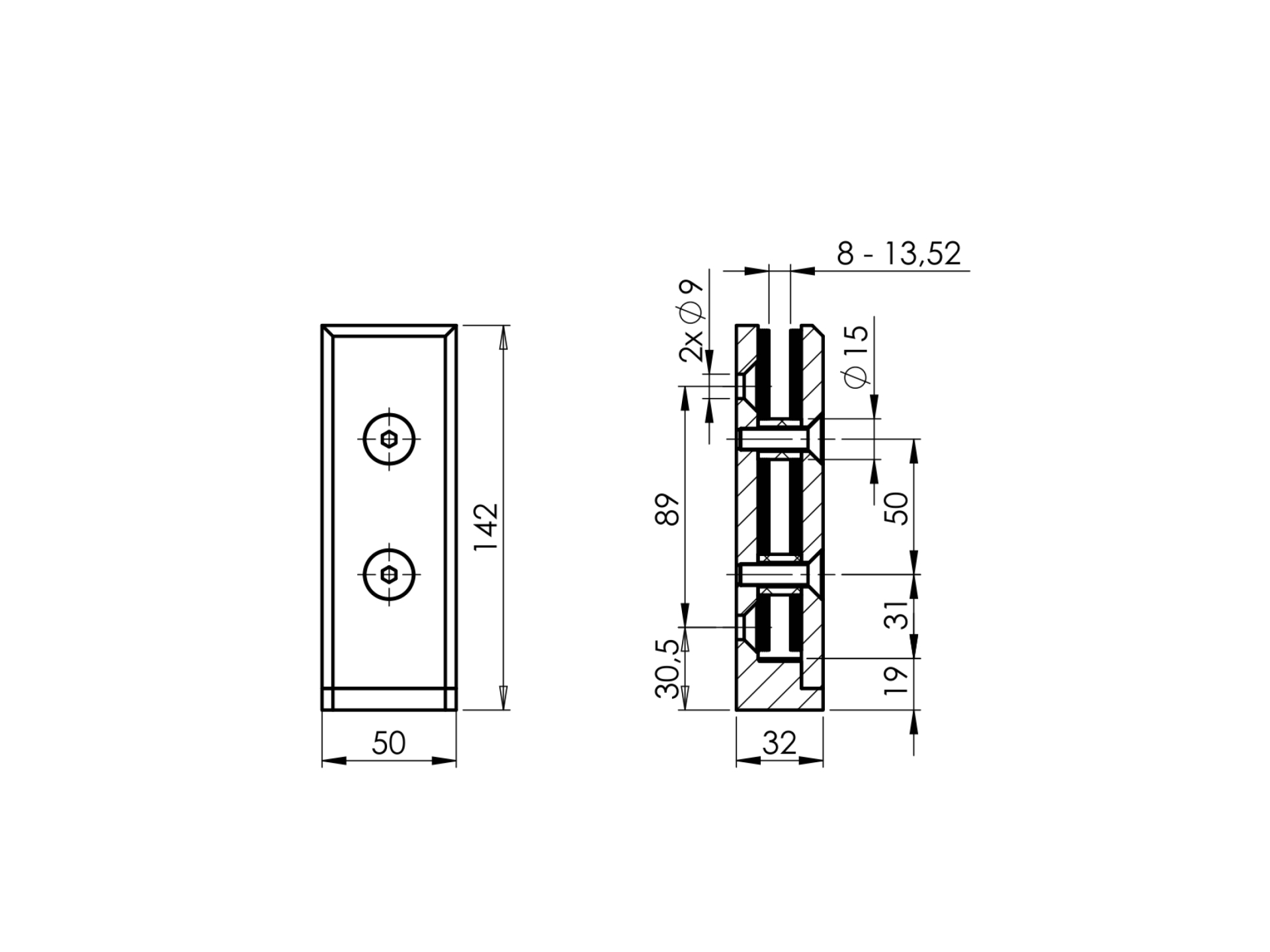 Seitlicher Glaspunkthalter Edelstahl AISI 316 H 142 mm fuer Glas 8-13-52 mm geschliffen-89-11A143000000-A.4