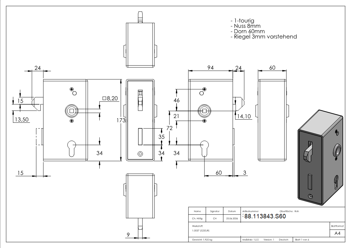 Kastenschloss verzinkt 60 x 94-5 x 173 mm mit Hakenschloss-88-113843.S60