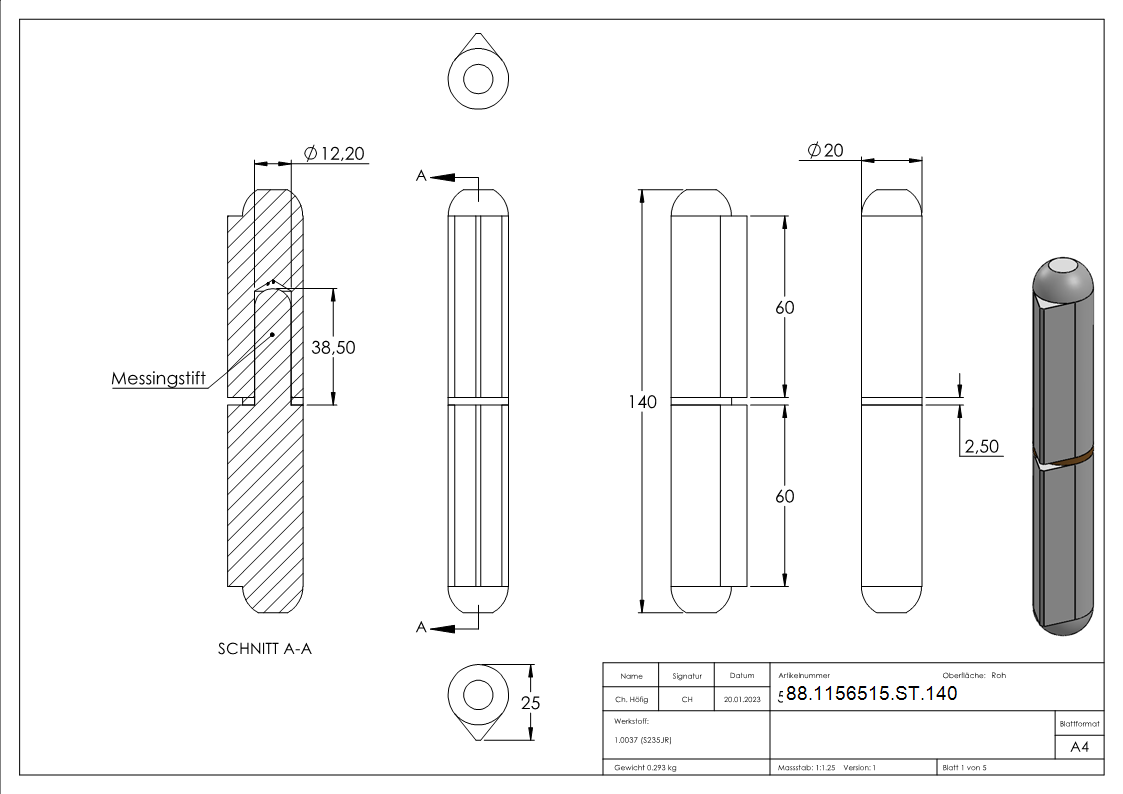 Anschweissband mit Messingring und -stift- Laenge- 140mm-88-1156515-ST.140