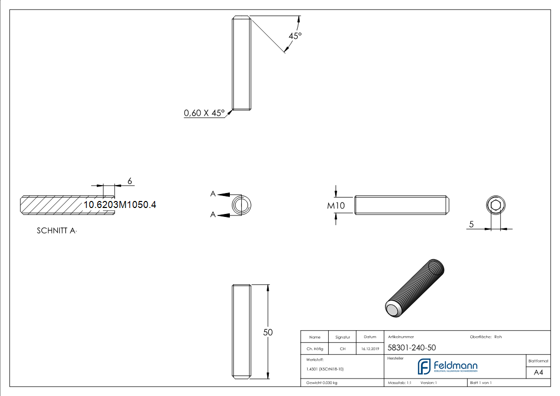 Gewindestift M10 x 50 mm- V2A-10-6203M1050.4