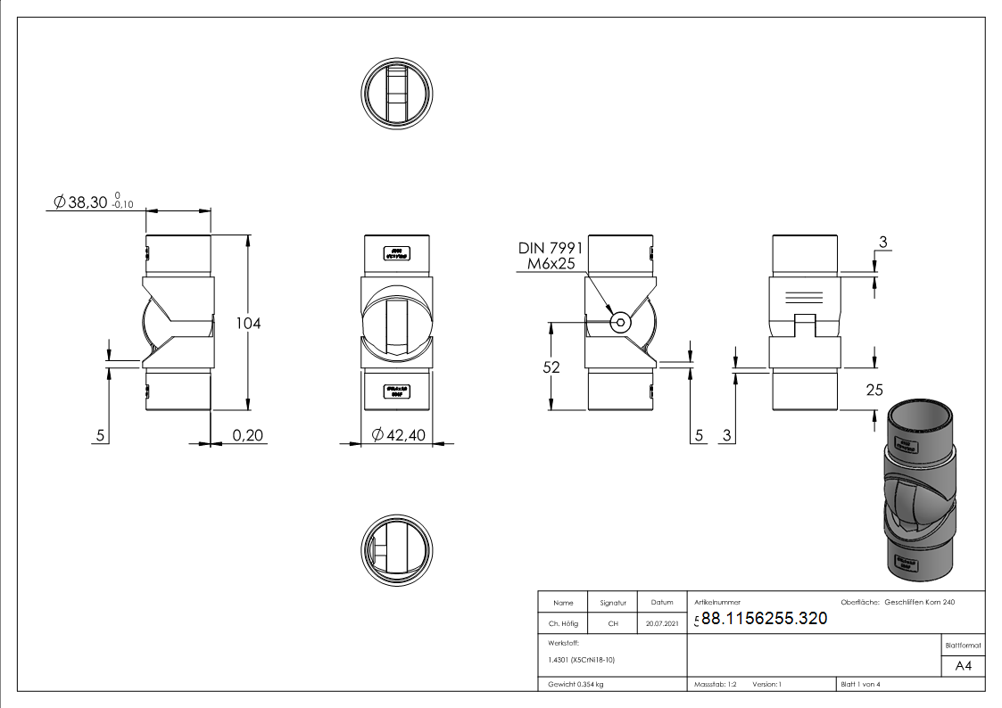 Pièce d'articulation creuse pour câble, pour tube 42,4 x 2,0mm